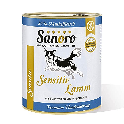 Sanoro Menü Sensitiv Lamm. Premium Hundefutter in Teil-Bio-Qualität. Muskelfleisch vom Lamm mit Bio-Buchweizen und Bio-Magerquark. Purinreduziert. Futter bei Leishmaniose. Singleprotein (6 x 800 g) von Sanoro