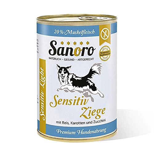 Sanoro Menü Sensitiv Light Ziege. Premium Hundefutter bei Leishmaniose: Purin- und proteinreduziert. Teil-Bio-Qualität. Muskelfleisch von der Ziege mit Bio-Reis und Bio-Karotte. (12 x 400g) von Sanoro