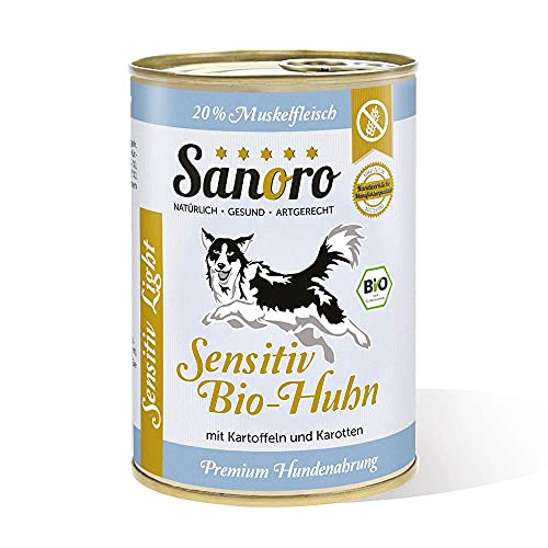 Sanoro Sensitiv Light Bio-Huhn - Premium Hundefutter bei Leishmaniose: Purin- und proteinreduziert in Bio-Qualität. Muskelfleisch vom Bio-Huhn mit Bio-Kartoffel und Bio-Karotte (12 x 400g). von Sanoro