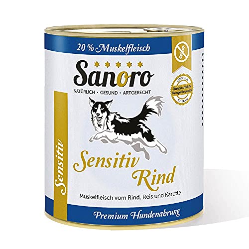 Sanoro Sensitiv Rind - Premium Hundefutter bei Leishmaniose: Purinreduziert und proteinreduziert. Teil-Bio-Qualität mit Bio-Reis und Bio-Karotten (6 x 800 g) von Sanoro