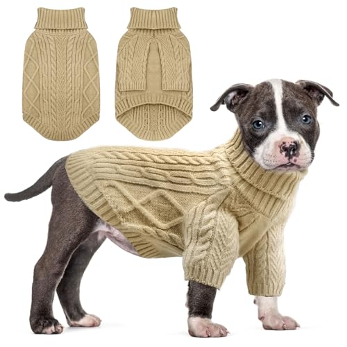 Sanqitara Rollkragenpullover für Hunde, hochelastisch, weiches Gefühl für kleine und mittelgroße Hunde, Mädchen und Jungen, hoher Halsausschnitt mit langen Ärmeln, dicker Zopfstrick, Khaki, Größe XL von Sanqitara