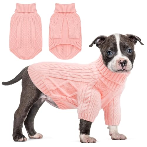 Sanqitara Rollkragenpullover für Hunde, hochelastisch, weiches Gefühl für kleine und mittelgroße Hunde, Mädchen und Jungen, hoher Halsausschnitt mit langen Ärmeln, dicker Zopfstrick, Rosa, Größe M von Sanqitara