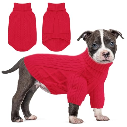 Sanqitara Rollkragenpullover für Hunde, hochelastisch, weiches Gefühl für kleine und mittelgroße Hunde, Mädchen und Jungen, hoher Halsausschnitt mit langen Ärmeln, dicker Zopfstrick, Rot, Größe L von Sanqitara