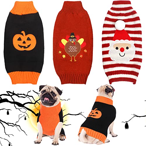 3 Stück Halloween Thanksgiving Weihnachten Hund Pullover Sets Kürbis Truthahn Weihnachtsmann Welpen Hund Kleidung Haustier Strickwaren für Hund Katze Haustier Kostüm, Medium von Sanwuta