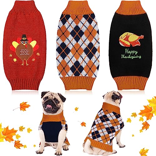 3-teiliges Thanksgiving-Hunde-Pullover-Set, Kürbis, Truthahn, kariert, Welpen, Hundekleidung, Haustier-Strickwaren für Hund und Katze, Haustier-Kostüm, Größe M von Sanwuta