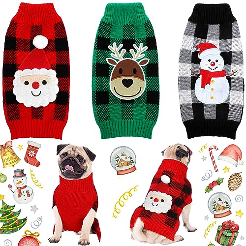 3-teiliges Weihnachtspullover-Set, Weihnachtsmann, Schneemann, Rentier, kariert, Welpen, Hundepullover, Kleidung, Haustier-Strickwaren für Hund, Katze, Haustierkostüm, klein von Sanwuta