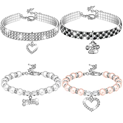 4-teiliges Perlen-Hundehalsband-Halsketten-Set für kleine Hunde und Katzen, Strasssteine, verstellbar, rosa, weiß, schwarz, Hundeschmuck für Haustiere, kleine Mädchen, Katzen von Sanwuta