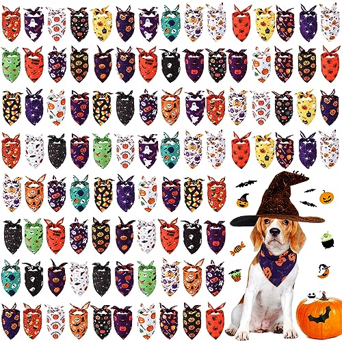 Sanwuta 100 Stück Halloween Hundehalstücher Bulk Kürbis Fledermaus Spinne Geist Schädel Muster Hund Bandanas Dreieck Groß Weich Atmungsaktiv Haustier Lätzchen Kostüm Zubehör für kleine bis große Hunde von Sanwuta