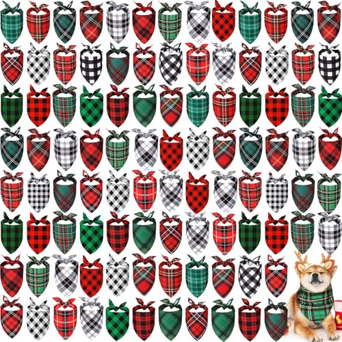 Sanwuta 100 Stück Weihnachten Hund Bandanas Bulk Classic Plaid Hund Bandanas für Hunde Dreieckstuch Plaid Hund Halstuch für Weihnachten Klein Mittel Groß Haustier Kostüm Zubehör Dekoration von Sanwuta