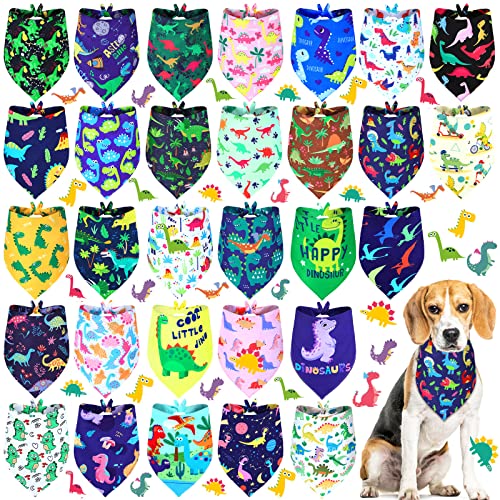 Sanwuta 30 Stück Dinosaurier-Hundehalstuch, niedliches Dreieck, Hunde-Schals, bunter Dinosaurier-Druck, Haustier-Bandana, Welpen-Geschenk für kleine, mittelgroße und große Haustiere (XL) von Sanwuta