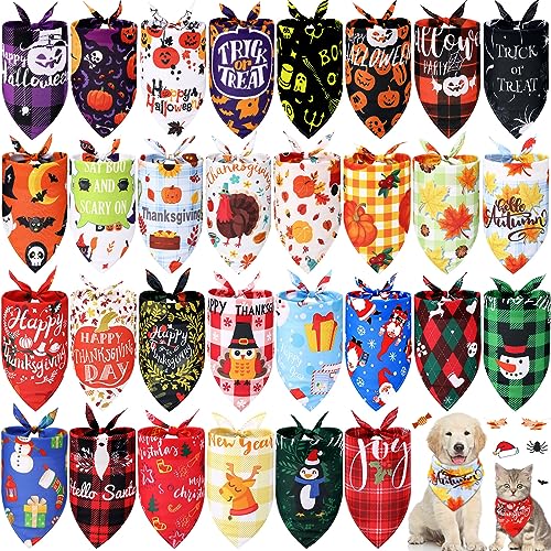 Sanwuta 30 Stück Urlaub Hund Bandanas Bulk Halloween Thanksgiving Weihnachten Hund Dreieck Schal Herbst Hund Lätzchen Welpen Bandanas Halloween Haustier Kostüm Verstellbar Waschbar Halstuch für kleine von Sanwuta