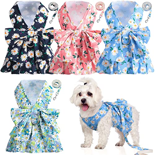 Sanwuta Hundegeschirr, Schleife, Leine, Set mit Blumenmuster, Prinzessinnen-Hundegeschirr, Weste mit Leine, Haustier-Outfits für Spaziergänge im Freien, 4 Farben (Medium), 4 Stück von Sanwuta