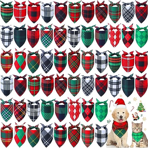 Sanwuta 60 Stück Weihnachten Plaid Hund Bandanas Bulk Urlaub Hund Schal Lätzchen Welpen Bandanas Verstellbar Waschbar Halstuch Haustier Kostüm Zubehör Pflege Zubehör für kleine bis mittelgroße Katzen von Sanwuta