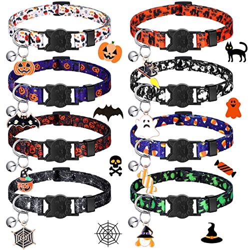 Sanwuta 8 Stück Halloween-Katzenhalsband mit Glocke, niedlich, verstellbar, Kätzchen, Halloween-Halsbänder mit Anhänger, Kürbis, Geist, Breakaway Kätzchen-Halsband für Urlaub, Party, Kätzchen, von Sanwuta