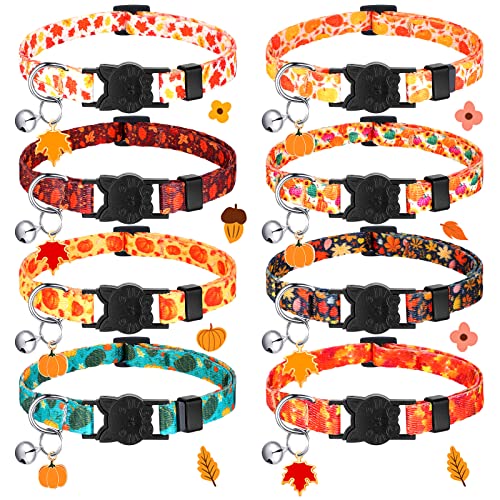 Sanwuta 8 Stück Herbst Katzenhalsband Breakaway Herbst Katzenhalsband mit Glocke und Anhänger Verstellbares Kätzchenhalsband Orange Ahornblatt Hundehalsband für Thanksgiving Katzenkostüm für Haustier von Sanwuta