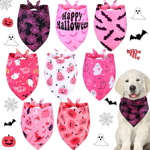 Sanwuta Halloween-Hundehalstücher mit rosa Kürbis, Fledermaus, Geist, Dreieckstuch für Hündinnen, verstellbare Hunde-Lätzchen, Schal für Halloween, Urlaub, Kostüm, Zubehör, Dekoration, 8 Stück von Sanwuta