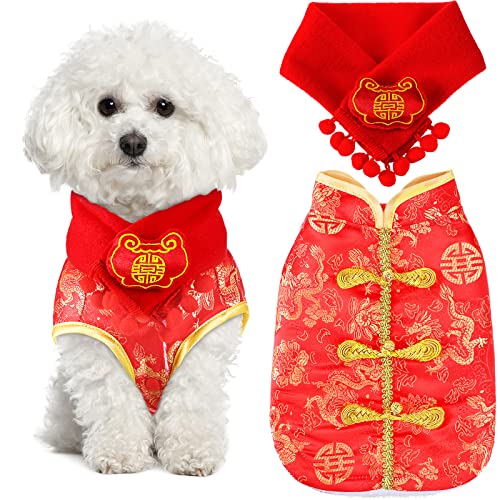 Sanwuta Hund Chinesisches Neujahrskostüm Haustiere Knoten Knöpfe Tang Anzug Umhängeband Schal Hund Chinesischer Stil Wintermantel Haustier Kleidung Weste Cheongsam für Katzen Welpen Teddy Bichon von Sanwuta