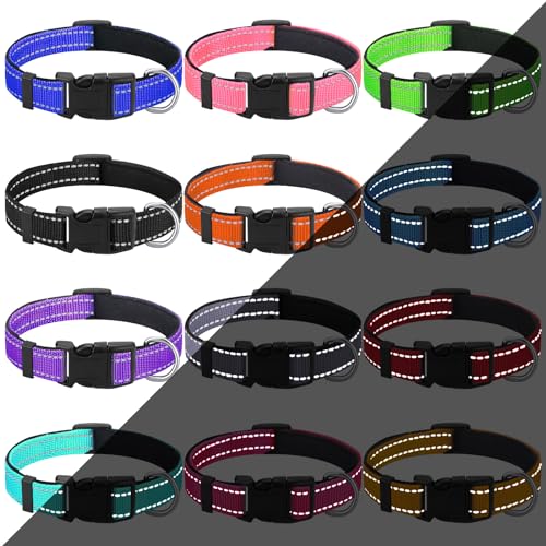 Sanwuta Reflektierendes Hundehalsband für kleine Hunde, verstellbare Sicherheits-Nylon-Halsbänder mit Verriegelungsschnalle, weich gepolstert, atmungsaktiv, Größe S, 12 Stück von Sanwuta