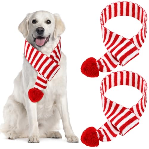 Sanwuta Strickschal für Hunde, Weihnachtsmann-Schal, Hundehalstücher mit Bommel, Halswärmer, Kostüm für den Winter, niedliches Kostüm, Rot, Weiß, 2 Stück von Sanwuta