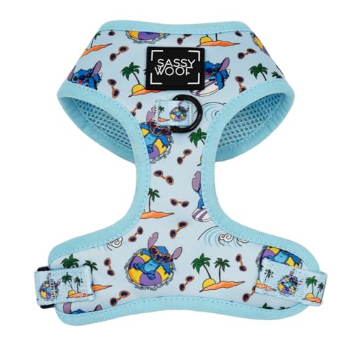 Sassy Woof Verstellbares Hundegeschirr, Disney Stitch, atmungsaktives Netzgewebe, kein Ziehen, Design mit zwei D-Ringen, patentiertes Design, perfekt für mittelgroße Hunde, offizielles Lizenzprodukt von Sassy Woof