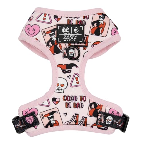 Sassy Woof Hundegeschirr verstellbar Harley Quinn™ L, atmungsaktives Netzgewebe, kein Ziehen, Design mit zwei D-Ringen, patentiertes Design, ideal für große Hunde, offizielles Lizenzprodukt von Sassy Woof