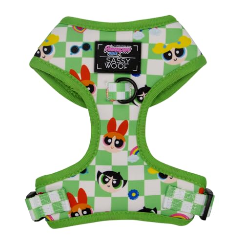 Sassy Woof The Powerpuff Girls™ Hundegeschirr, verstellbar, Größe L, atmungsaktives Netzgewebe, kein Ziehen, Design mit zwei D-Ringen, ideal für große Hunde, Grün von Sassy Woof