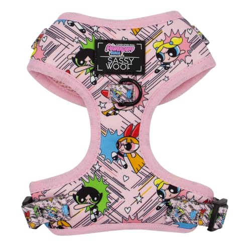 Sassy Woof The Powerpuff Girls™ Hundegeschirr, verstellbar, Größe L, atmungsaktives Netzgewebe, kein Ziehen, Design mit zwei D-Ringen, ideal für große Hunde von Sassy Woof