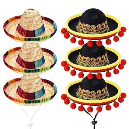 Satiskid 6 Stü Mini Mexican Sombrero Hüte Mini Mexikanische Party Hut Niedlicher Mini Fiesta Strohhut für Fiesta Karneval Mexikaner Themen Party Dekoration Hunde Katzen Kostüm Gastgeschenke von Satiskid