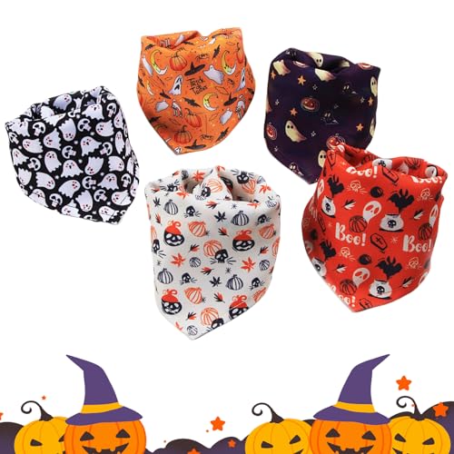 Satiskid Halloween 5Pcs Hunde Bandana Halloween Verstellbarer Dreieckstuch Waschbar Atmungsaktiv Haustier Halstuchfür Kleine Mittelgroße und Große Hunde und Katzen (Geister- und Totenkopfmuster) von Satiskid