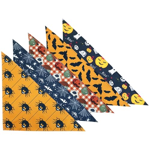 Satiskid Halloween 5Pcs Hunde Bandana Halloween Verstellbarer Dreieckstuch Waschbar Atmungsaktiv Haustier Halstuchfür Kleine Mittelgroße und Große Hunde und Katzen (Kürbis- und Fledermausmuster) von Satiskid