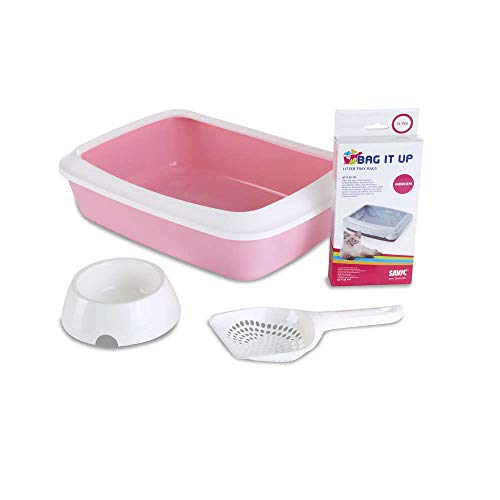 Savic 200220 Katzentoilette mit Rand Starter-Kit, 43 x 31 x 12 cm, pink/weiß von Savic