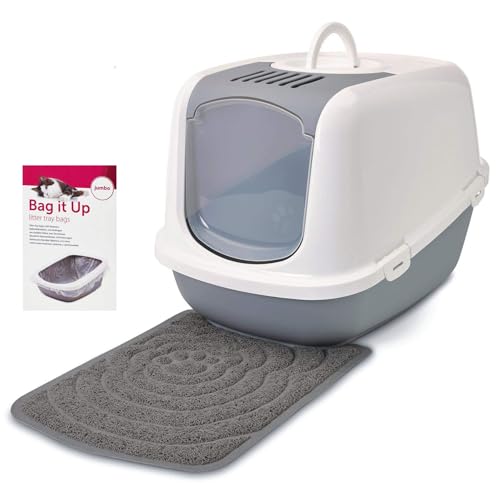 Savic Deluxe Sparpaket Katzentoilette Nestor Jumbo Weiss-grau + Vorlegematte + Beutel von Savic