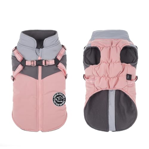 Savlot Hundejacken für den Winter Winddicht Wasserdicht 2 in 1 Outfit Kaltwettermantel Hundewestengeschirr Welpen Winter Warme Jacke Reflektierende Welpenjacke(L, Pink + Grau) von Savlot