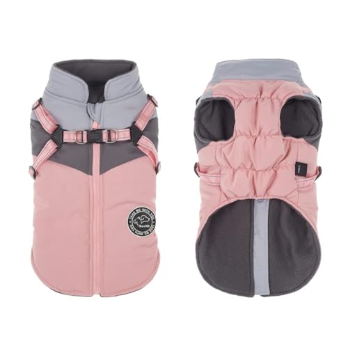 Savlot Hundejacken für den Winter Winddicht Wasserdicht 2 in 1 Outfit Kaltwettermantel Hundewestengeschirr Welpen Winter Warme Jacke Reflektierende Welpenjacke(XS, Pink + Grau) von Savlot