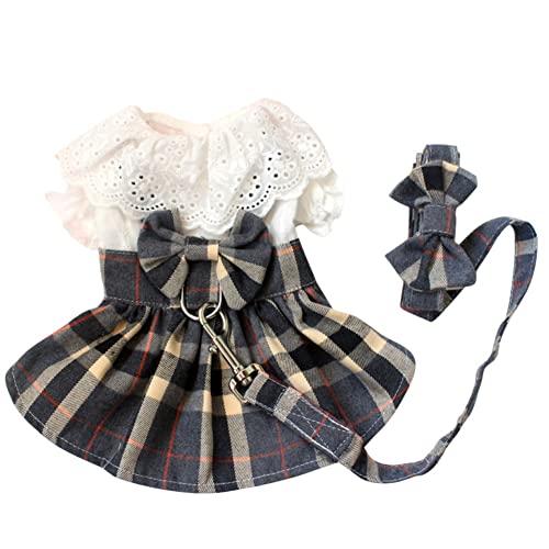 Savlot Hundekleid Geschirr Leine Set Hundekleidung Mädchen niedlicher Schleifenknoten Hunderock Hundekatzenkleid klassisches Kariertes Hundekleid niedliches Welpenkleidungs-Outfit von Savlot