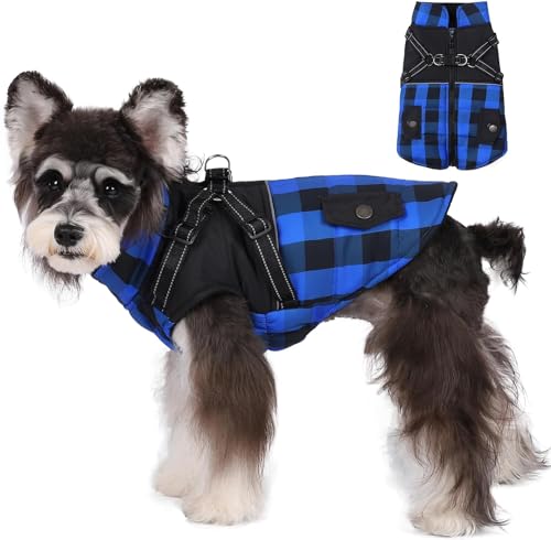 Savlot Hundemantel Warme Hundejacke Wintermantel Hunde Fleece Weste Reflektierende Hund Kaltes Wettermäntel mit Geschirr Wasserfest Hundelemantische Schnee Jacke mit Reißverschluss(S, Blau) von Savlot