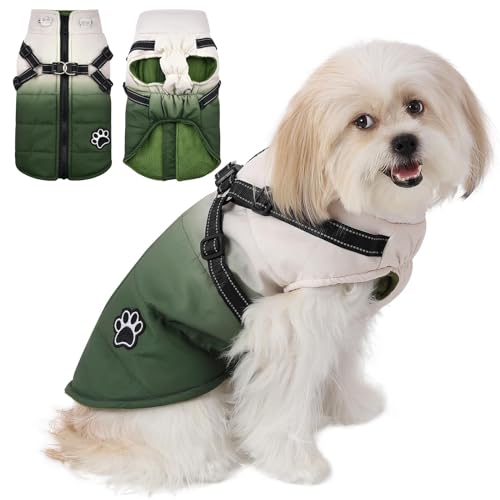 Savlot Hundemantel mit Geschirr Winter Hundemantel Fleece Hundejacke wasserdichte Hundemantel Reißverschluss Hundejacke Welpe Mantel kleine Hundekleidung(XXL, Grün) von Savlot