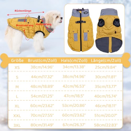 Savlot Warme Hundemantel Winter, Wasserdicht Hundemantel mit Reißverschluss Wintermantel für Kleine Mittle Grosse Hunde Hundejacke mit Tasche Hundekleidung mit Geschirr Reflektierend Gelb 3XL von Savlot