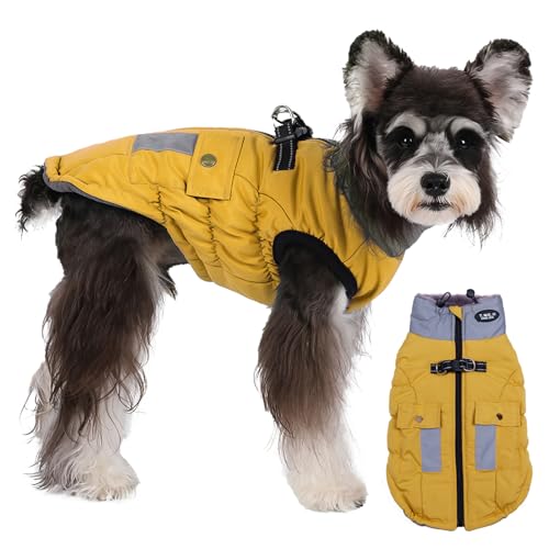 Savlot Warme Hundemantel Winter, Wasserdicht Hundemantel mit Reißverschluss Wintermantel für Kleine Mittle Grosse Hunde Hundejacke mit Tasche Hundekleidung mit Geschirr Reflektierend Gelb 3XL von Savlot