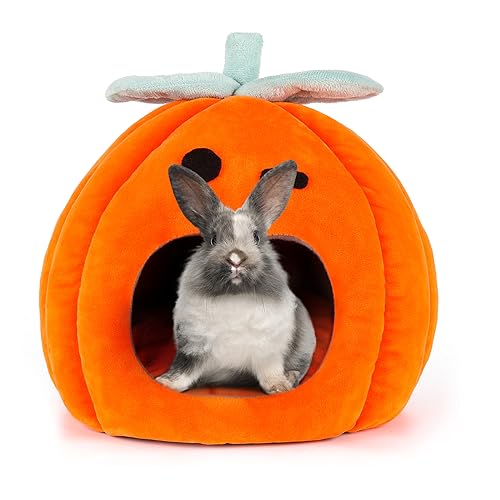 SBAYOOL Halloween Kürbis Kaninchen Bett, Gemütliches Waschbar Kaninchen Kuschelhöhle, Warmes Plüsch Meerschweinchen Bett Für Zwergkaninchen Chinchillas Frettchen Und Andere Kleintiere 30×30×30cm von Sbayool