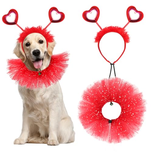 Sbayool 2 PCS Valentinstag Hundekostüm, Herzförmige Pailletten Hund Stirnband und Halsband Set, Festival Hundebekleidung Zubehör für Kleine und Mittlere Hunde von Sbayool