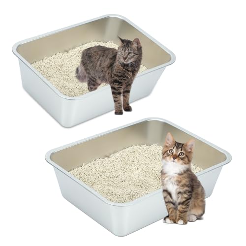 Sbayool 2 Stück Edelstahl Katzenklo Groß, Stainless Steel Cat Litter Box, Offene Katzentoilette Ohne Deckel Hop für Katzen, Antihaft Glatte OberfläChe, Niemals GerüChe, Rostschutz(45 x 35 x 15 cm) von Sbayool