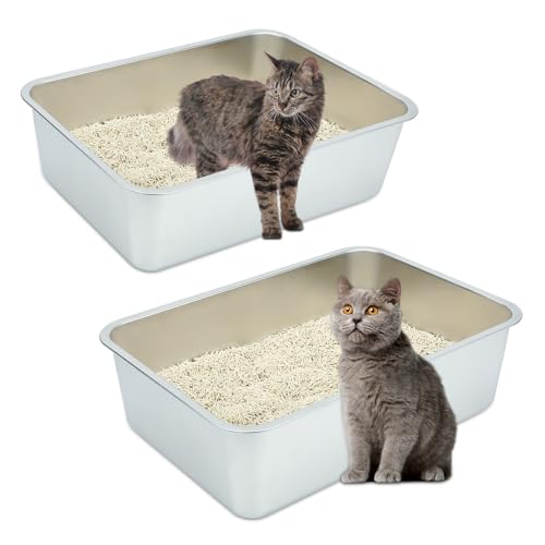 Sbayool 2 Stück Edelstahl Katzenklo Groß, Stainless Steel Cat Litter Box, Offene Katzentoilette Ohne Deckel Hop für Katzen, Antihaft Glatte OberfläChe, Niemals GerüChe, Rostschutz(50 x 35 x 15 cm) von Sbayool