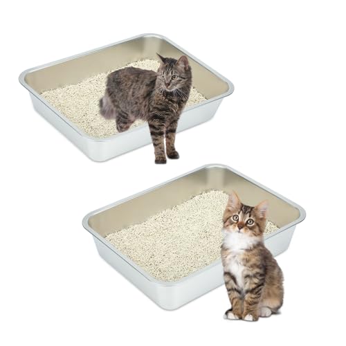 Sbayool 2 Stück Edelstahl Katzenklo Groß, Stainless Steel Cat Litter Box, Offene Katzentoilette Ohne Deckel Hop für Katzen, Antihaft Glatte OberfläChe, Niemals GerüChe, Rostschutz(45 x 35 x 10 cm) von Sbayool