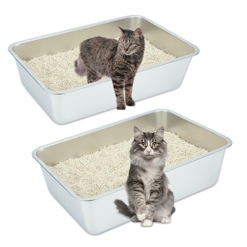 Sbayool 2 Stück Edelstahl Katzenklo Groß, Stainless Steel Cat Litter Box, Offene Katzentoilette Ohne Deckel Hop für Katzen, Antihaft Glatte OberfläChe, Niemals GerüChe, Rostschutz(60 x 40 x 15 cm) von Sbayool