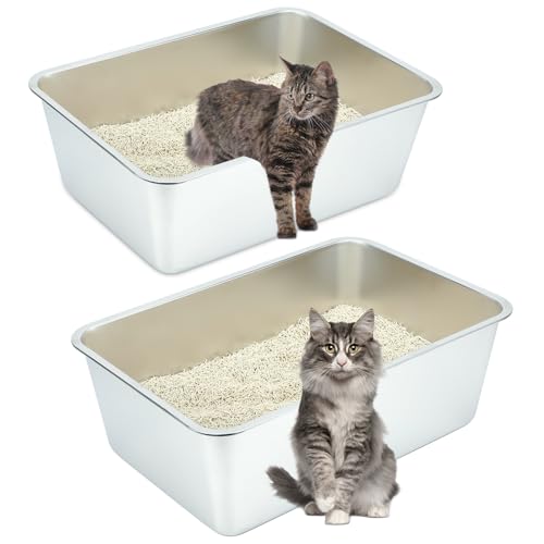 Sbayool 2 Stück Edelstahl Katzenklo Groß, Stainless Steel Cat Litter Box, Offene Katzentoilette Ohne Deckel Hop für Katzen, Antihaft Glatte OberfläChe, Niemals GerüChe, Rostschutz(60 x 40 x 20 cm) von Sbayool