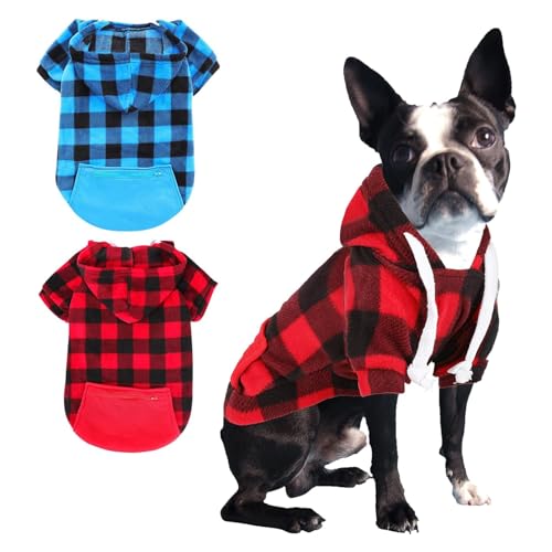 Sbayool Modisch Mittlere Hund Kapuzenpullis Set, 2 Stück Karomuster Hundebekleidung Mit Reißverschlusstasche, Rot Und Blau Hunde Hoodie for Große and Mittlere Hunde, 2XL von Sbayool