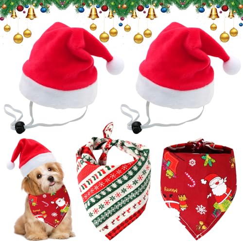 Scettar 2 Stücke Weihnachten Haustier Bandana Schal und 2 Stücke Weihnachtsmütze,Weihnachten Haustier Kostüm,Hund Halstuch für Kleine Mittelgroße Große Hunde Katzen von Scettar