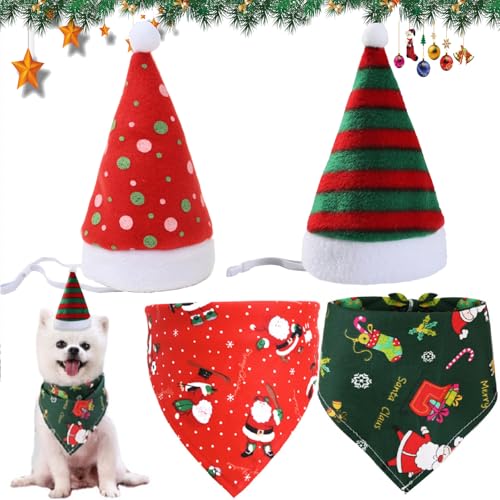 Scettar 2 Stücke Weihnachten Haustier Bandana Schal und 2 Stücke Weihnachtsmütze,Weihnachten Haustier Kostüm,Hund Halstuch für Kleine Mittelgroße Große Hunde Katzen (Weihnachten) von Scettar