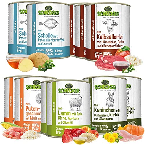 Schecker Nassfutter - Hundemenü Dosen - mit Scholle - Lamm - Kaninchen - Pute und Kalb - 11 x 820 g - kräftig - vielseitig - gesund von Schecker